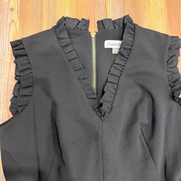 Calvin Klein Black Ruffle V-Neck Wide Leg Jumpsuit - Size 6 - Picture 8 of 10